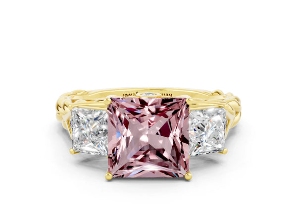 Yellow gold Three-Stone Princess Cut Morganite Braided Band Ring with Four-Prong Setting