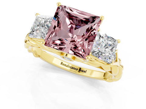 Yellow gold Three-Stone Princess Cut Morganite Braided Band Ring with Four-Prong Setting_13