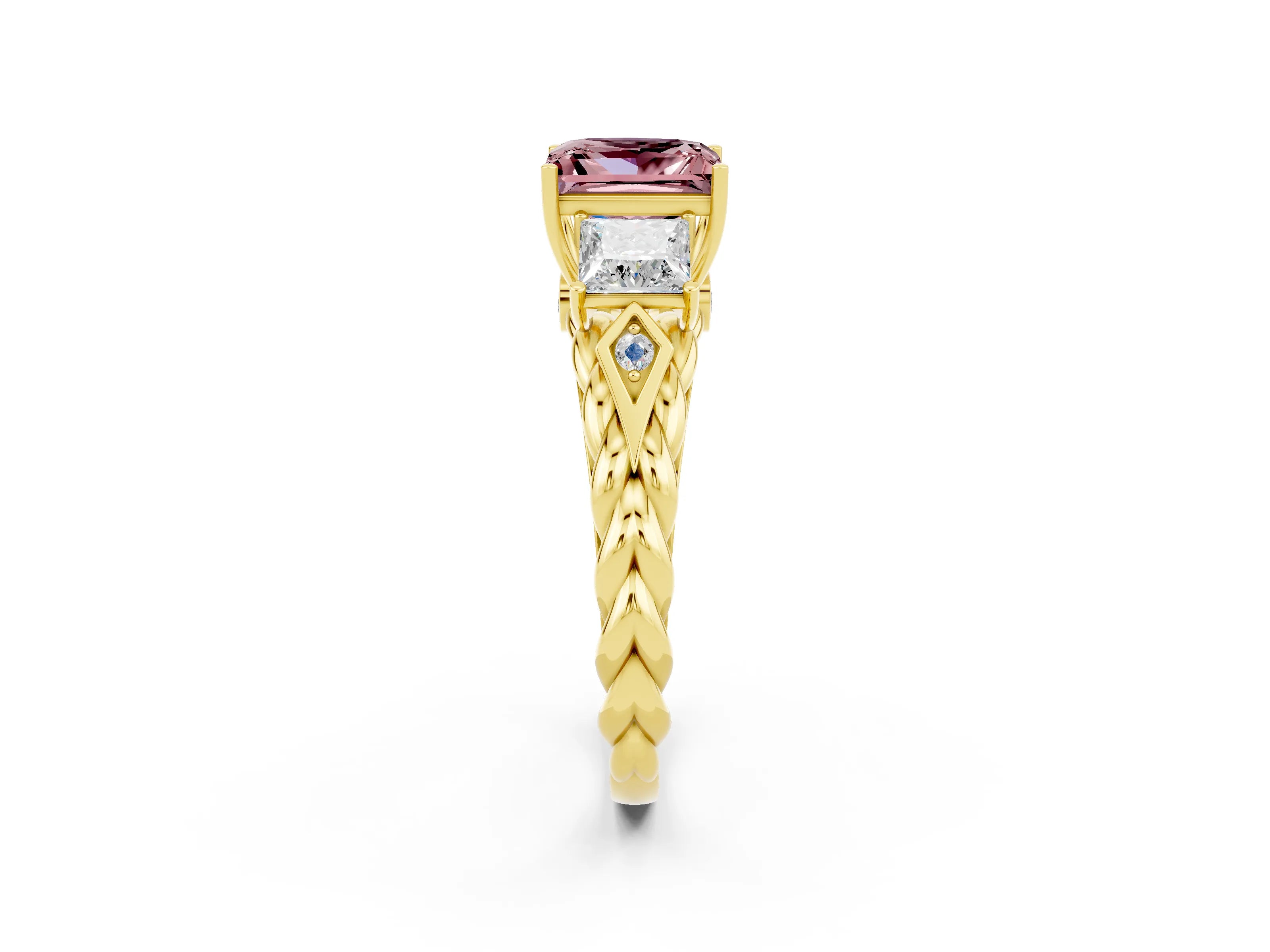 Yellow gold Three-Stone Princess Cut Morganite Braided Band Ring with Four-Prong Setting_14