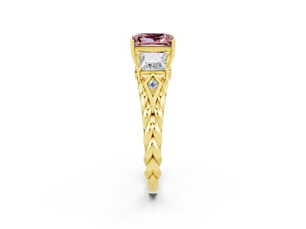 Yellow gold Three-Stone Princess Cut Morganite Braided Band Ring with Four-Prong Setting