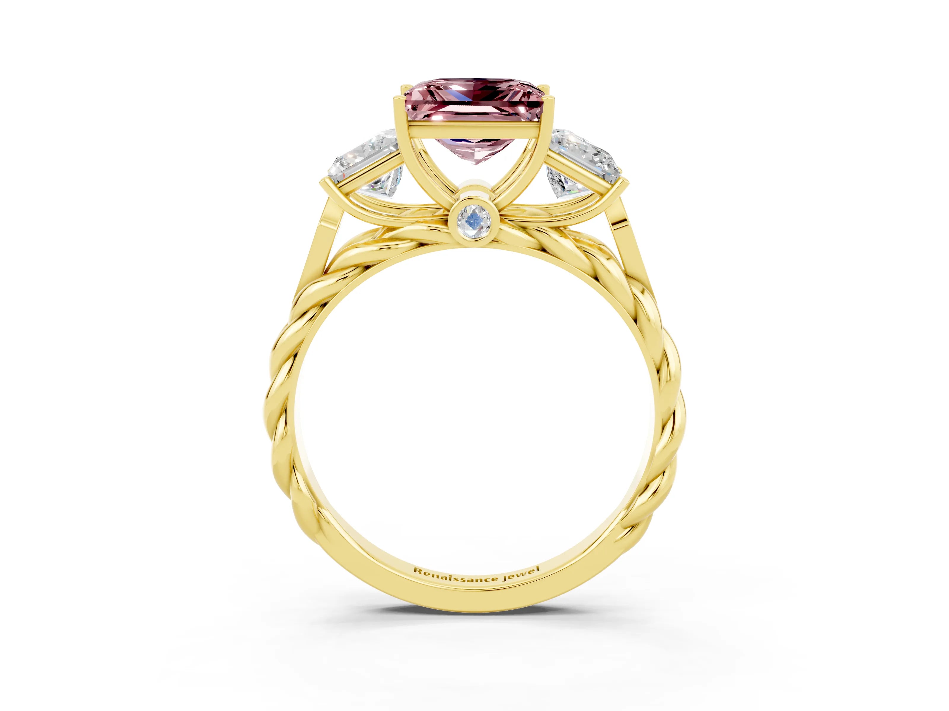 Yellow gold Three-Stone Princess Cut Morganite Braided Band Ring with Four-Prong Setting_15