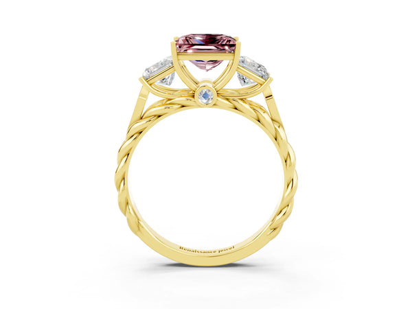 Yellow gold Three-Stone Princess Cut Morganite Braided Band Ring with Four-Prong Setting