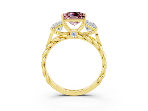Yellow gold Three-Stone Princess Cut Morganite Braided Band Ring with Four-Prong Setting_15