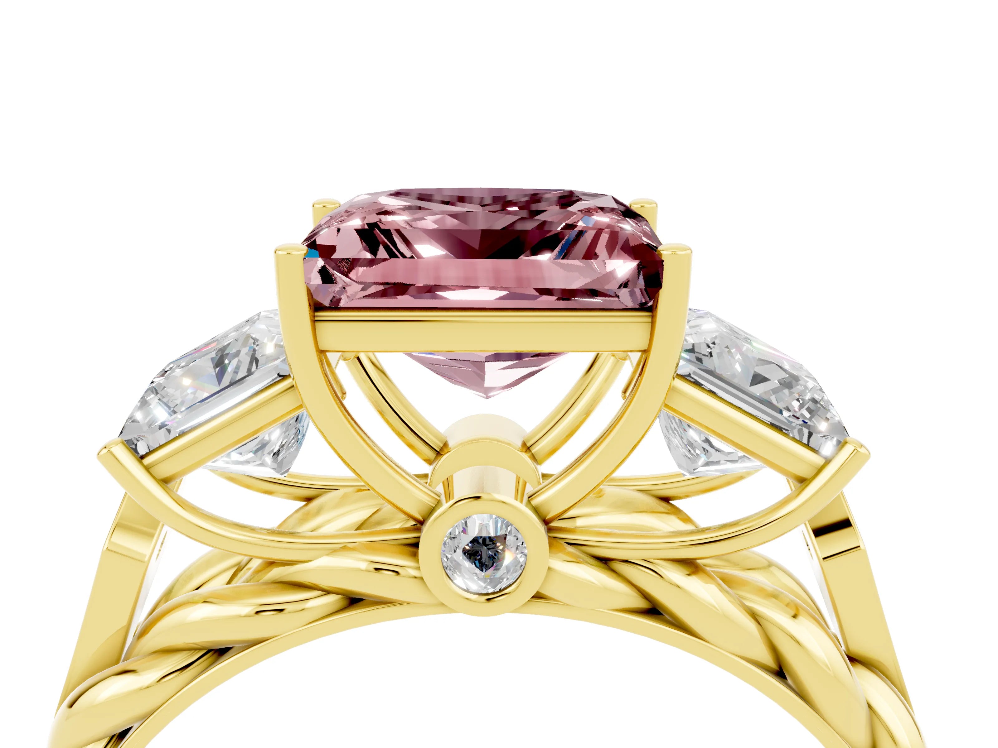 Yellow gold Three-Stone Princess Cut Morganite Braided Band Ring with Four-Prong Setting_16
