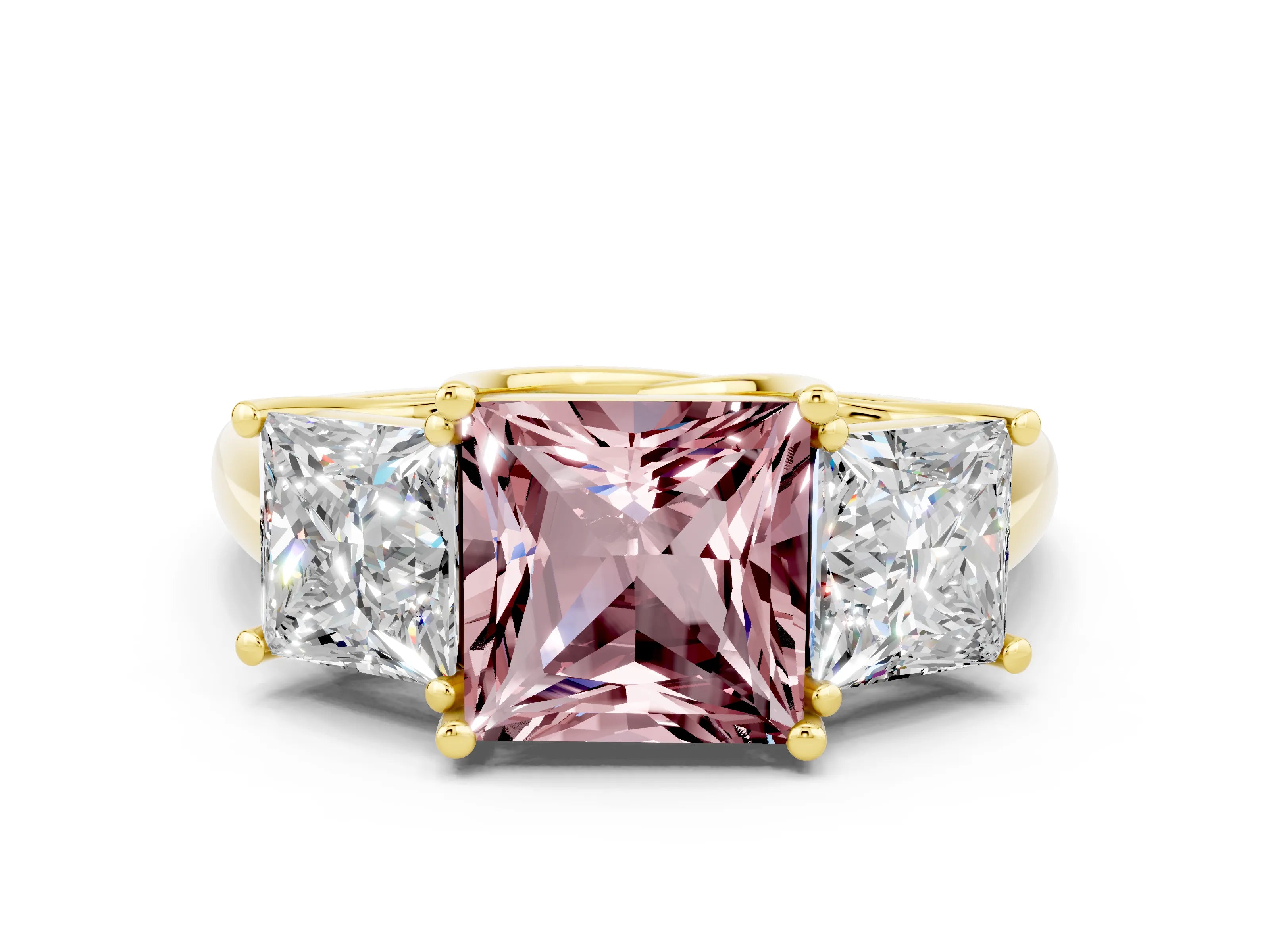 Yellow gold Three-Stone Princess Cut Morganite Engagement Ring with Prong Setting