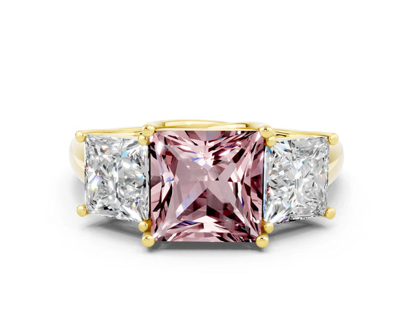 Yellow gold Three-Stone Princess Cut Morganite Engagement Ring with Prong Setting