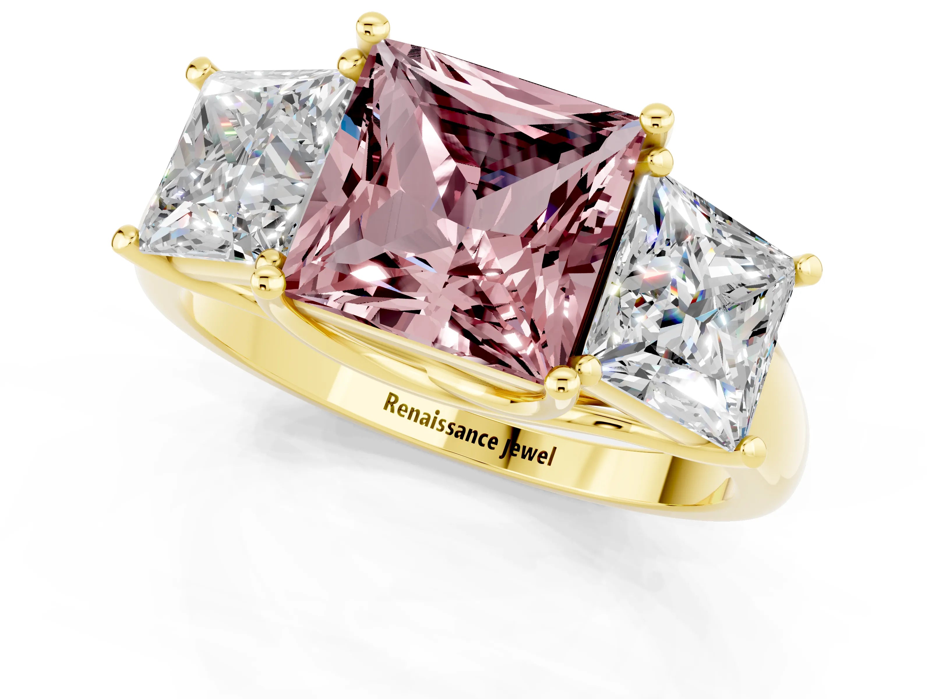 Yellow gold Three-Stone Princess Cut Morganite Engagement Ring with Prong Setting_1