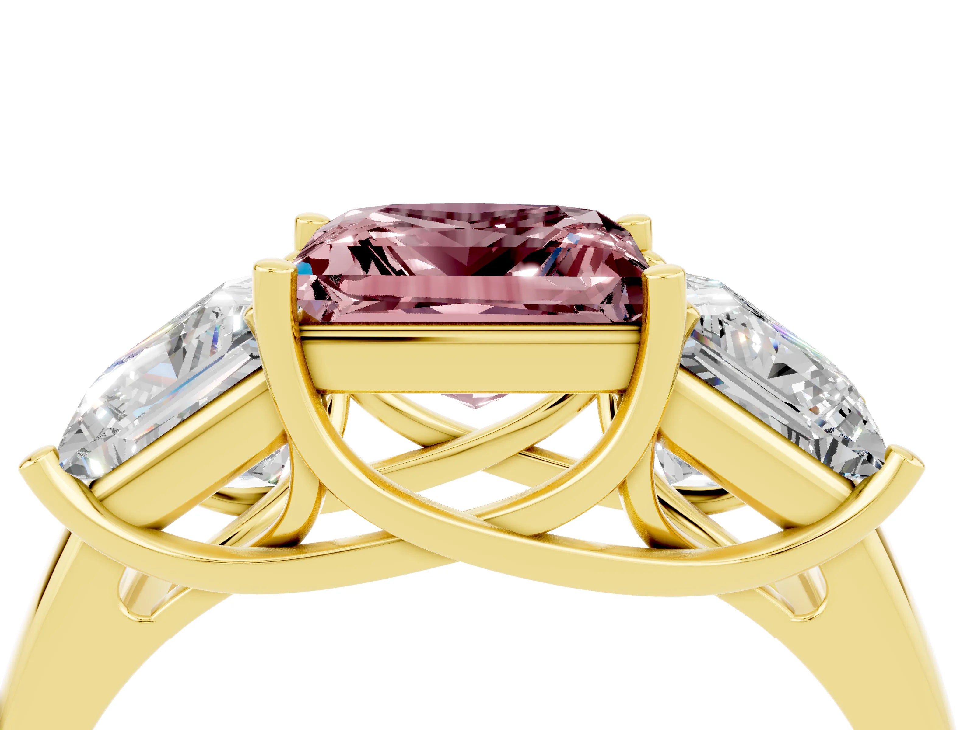 Yellow gold Three-Stone Princess Cut Morganite Engagement Ring with Prong Setting_4