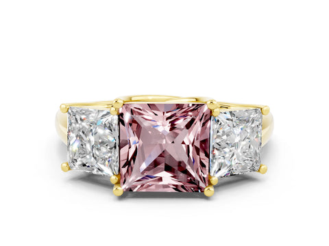 Yellow gold Three-Stone Princess Cut Morganite Engagement Ring with Prong Setting