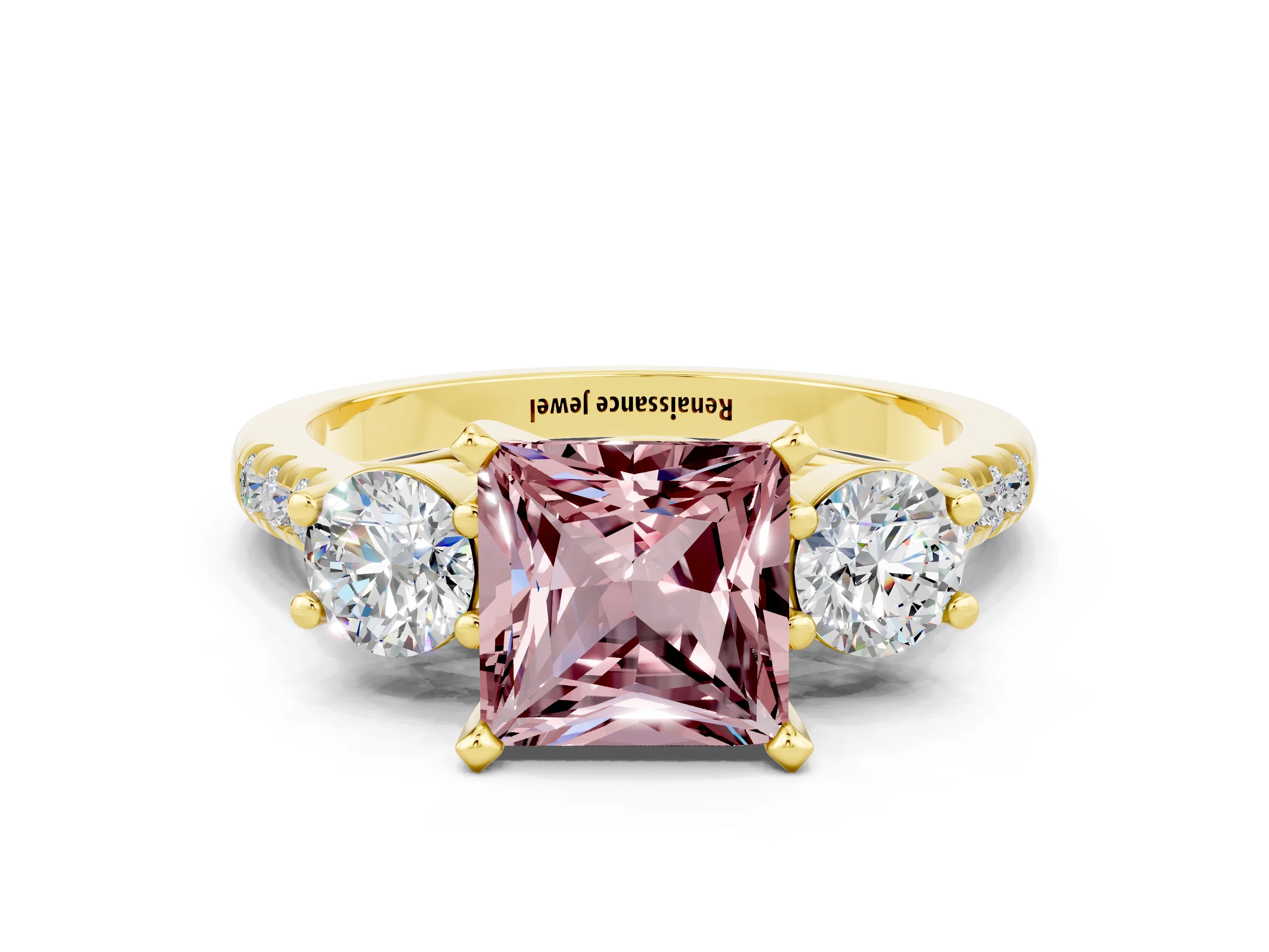 Yellow gold Three-Stone Princess Cut Morganite Pavé Band with Four-Prong Setting
