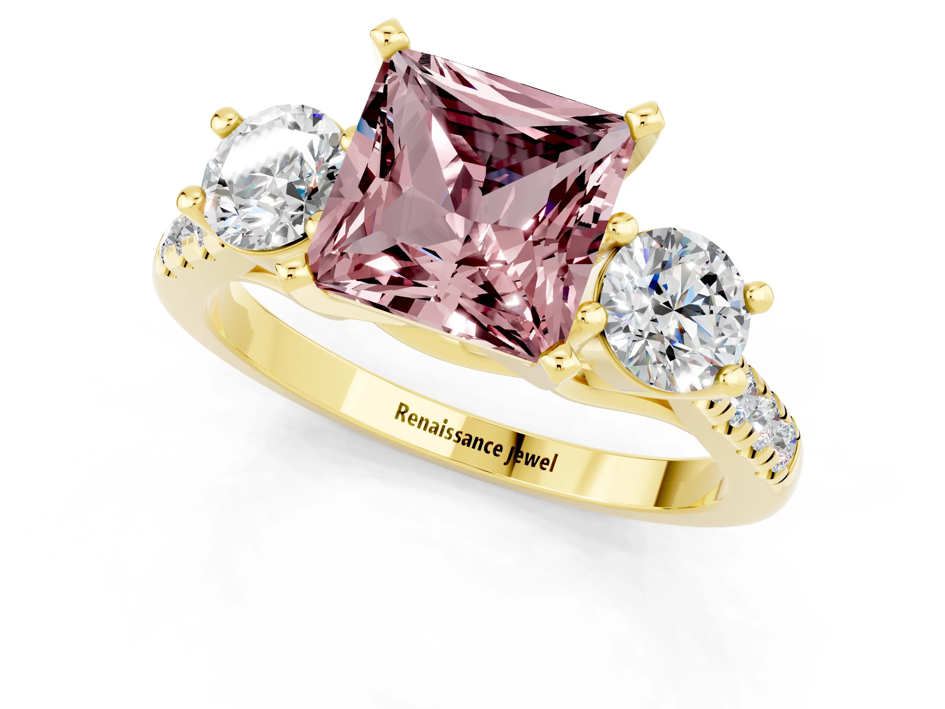 Yellow gold Three-Stone Princess Cut Morganite Pavé Band with Four-Prong Setting_1
