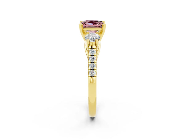 Yellow gold Three-Stone Princess Cut Morganite Pavé Band with Four-Prong Setting