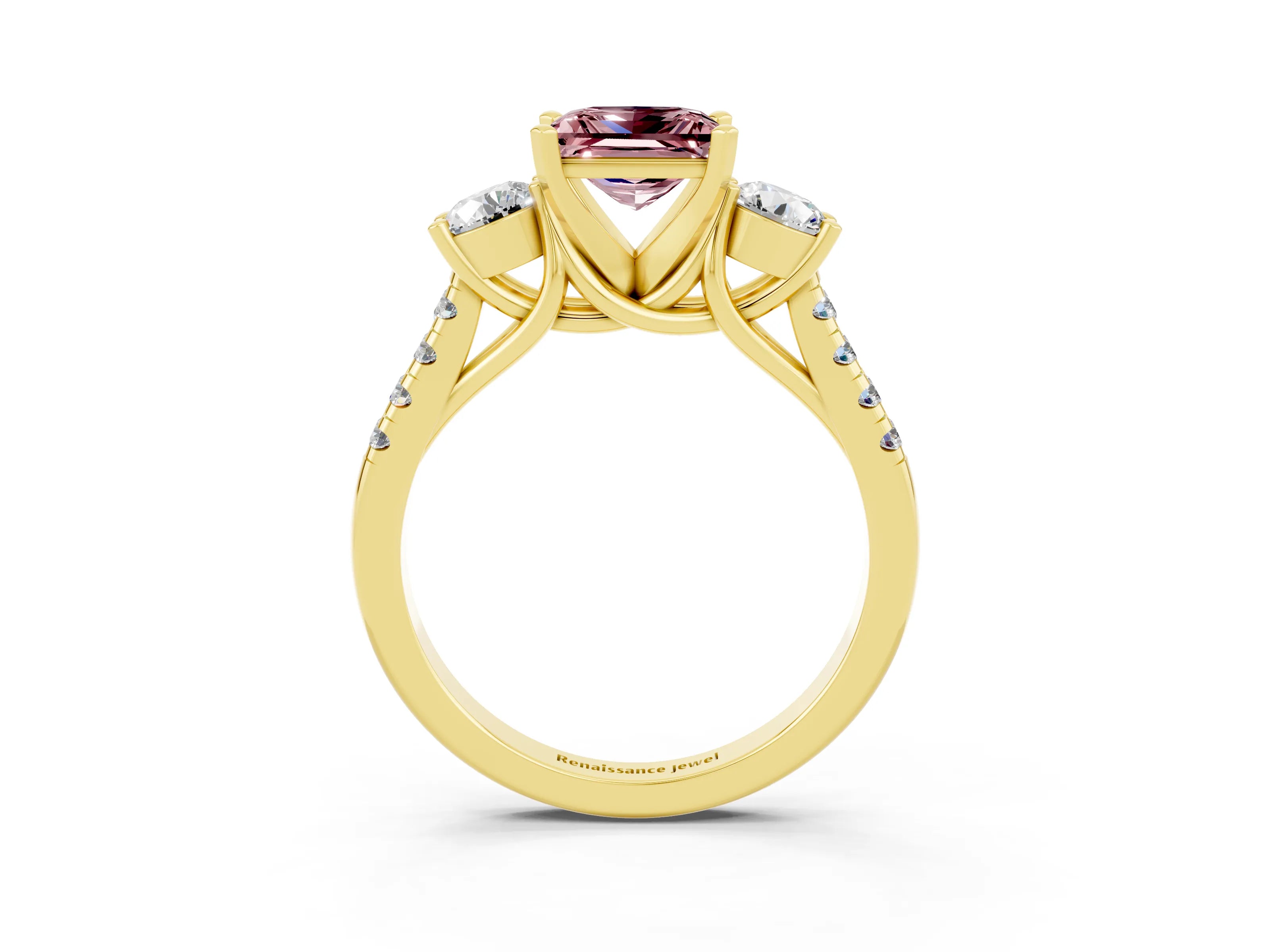 Yellow gold Three-Stone Princess Cut Morganite Pavé Band with Four-Prong Setting_3