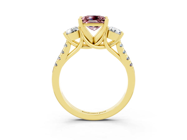 Yellow gold Three-Stone Princess Cut Morganite Pavé Band with Four-Prong Setting