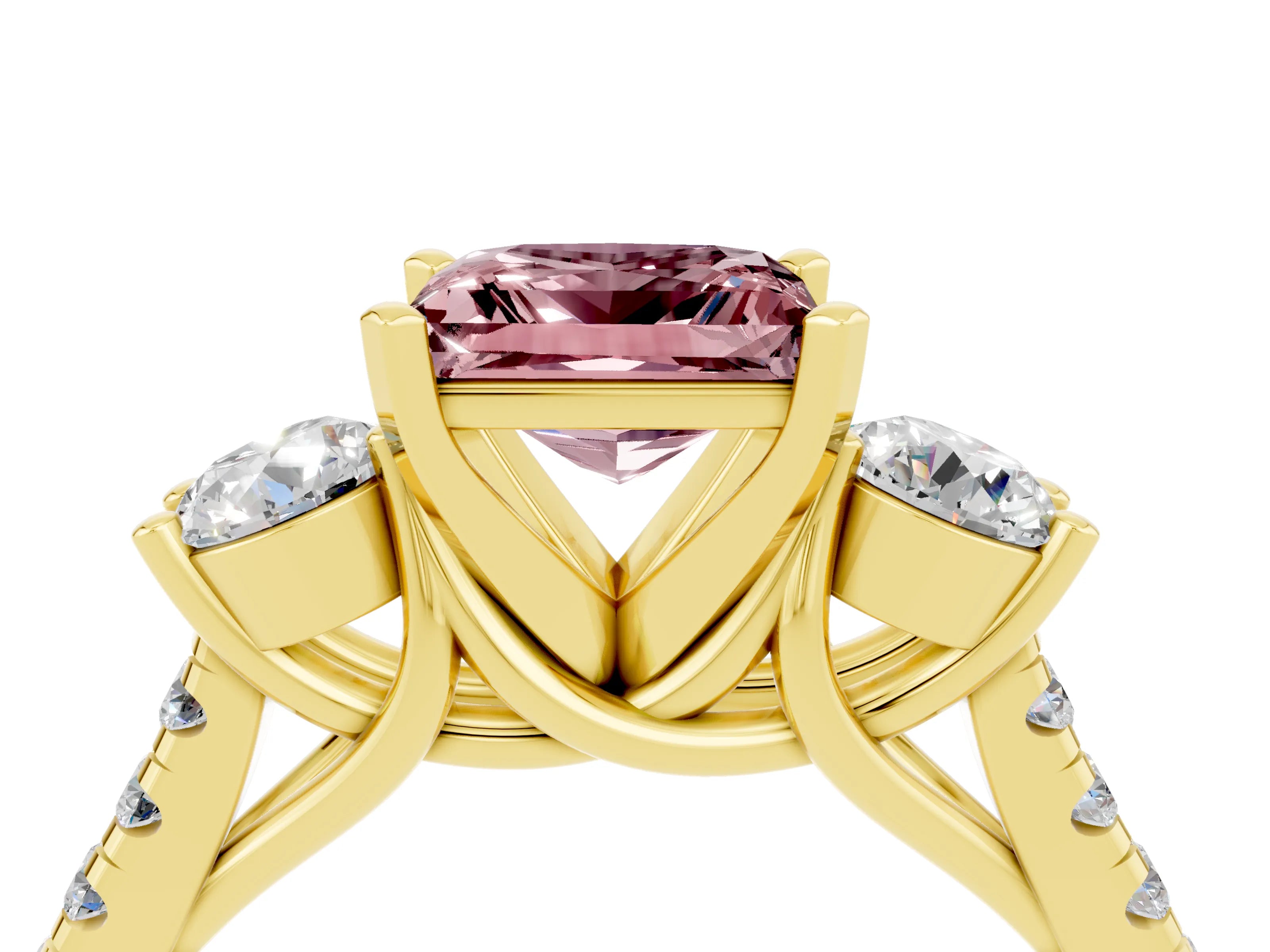 Yellow gold Three-Stone Princess Cut Morganite Pavé Band with Four-Prong Setting_4