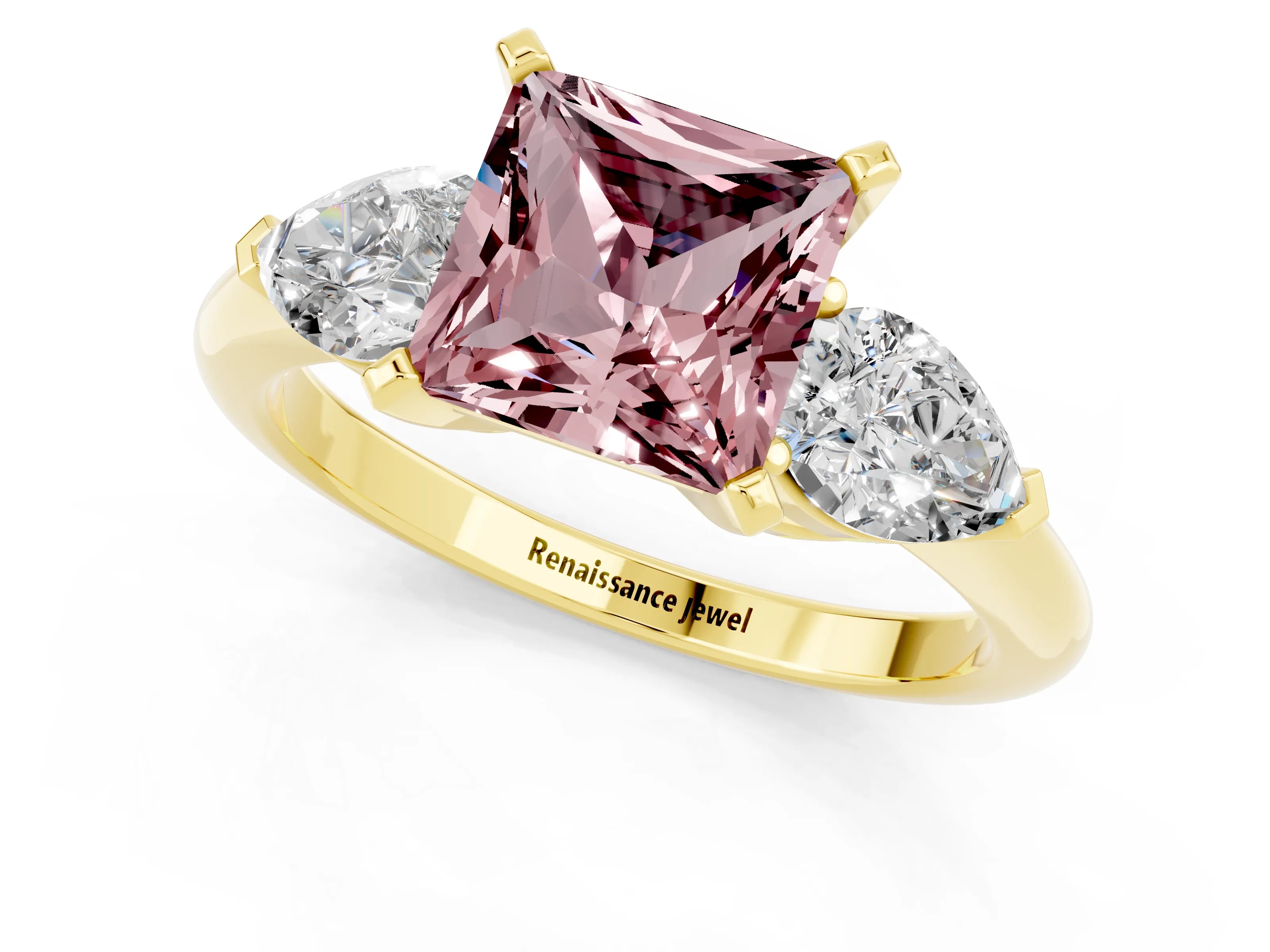 Yellow gold Three-Stone Princess Cut Morganite Ring with Pear Side Stones and Four-Prong Setting_1