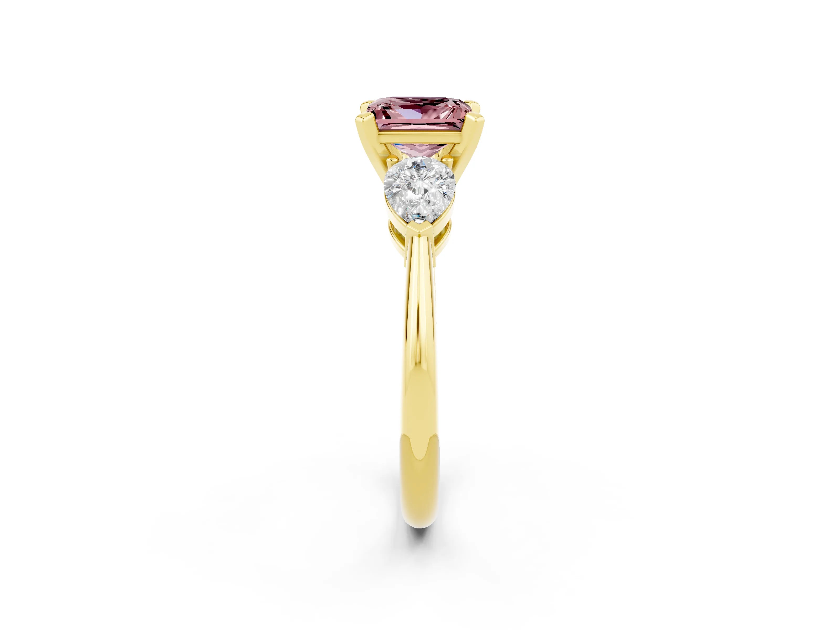 Yellow gold Three-Stone Princess Cut Morganite Ring with Pear Side Stones and Four-Prong Setting_2
