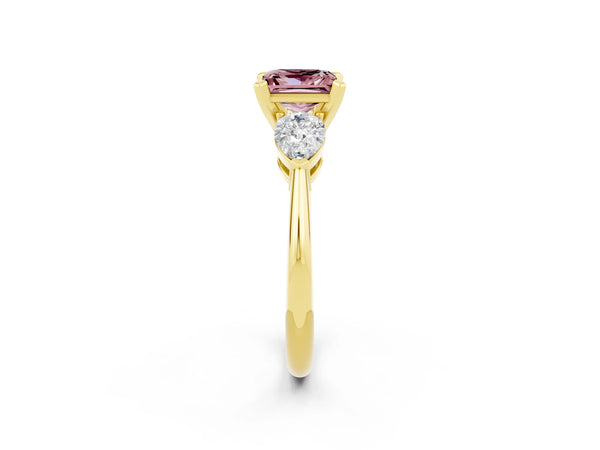 Yellow gold Three-Stone Princess Cut Morganite Ring with Pear Side Stones and Four-Prong Setting