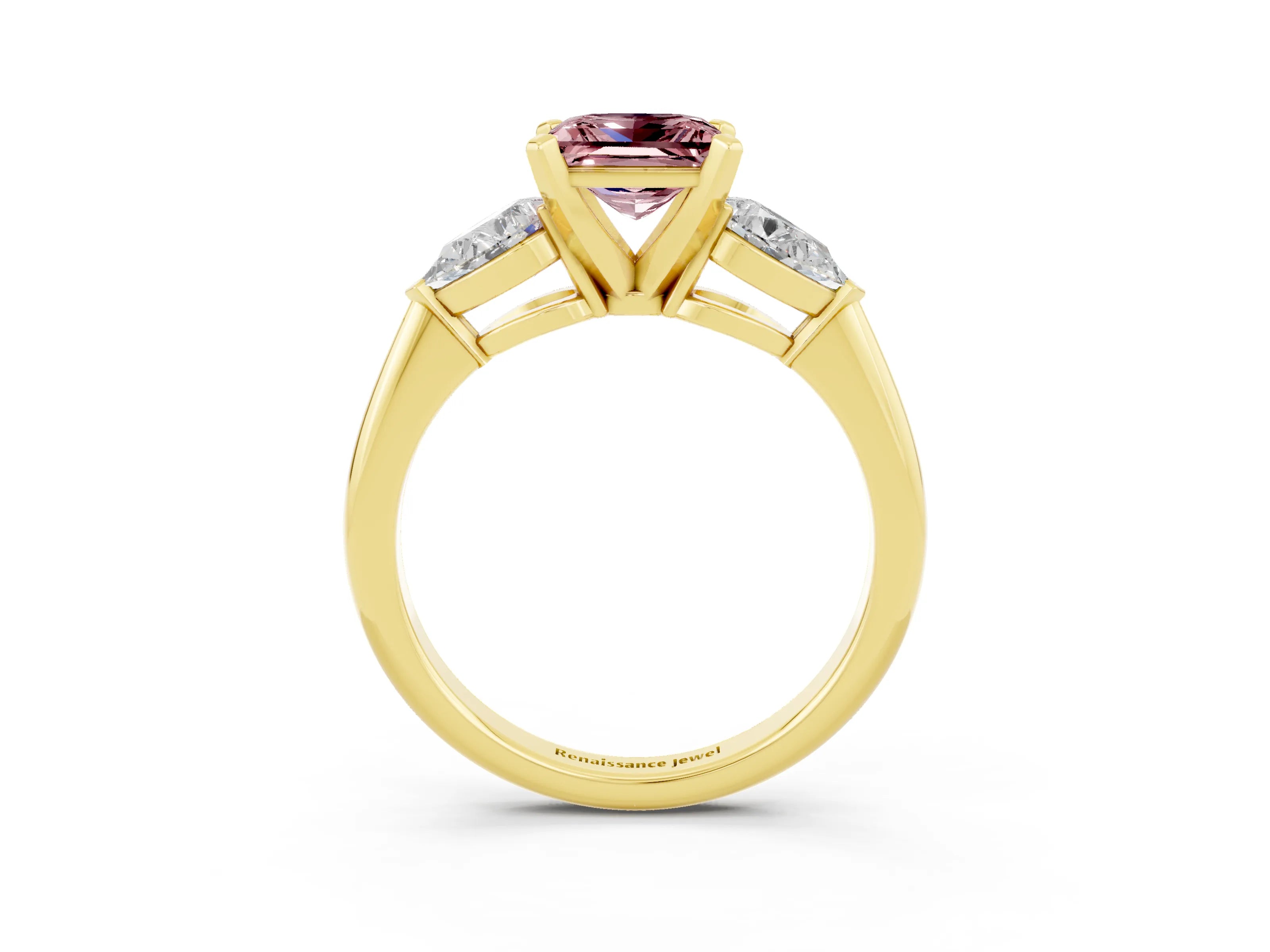 Yellow gold Three-Stone Princess Cut Morganite Ring with Pear Side Stones and Four-Prong Setting_3