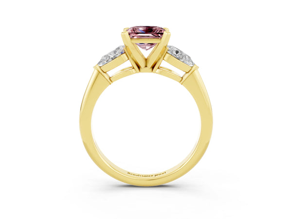 Yellow gold Three-Stone Princess Cut Morganite Ring with Pear Side Stones and Four-Prong Setting
