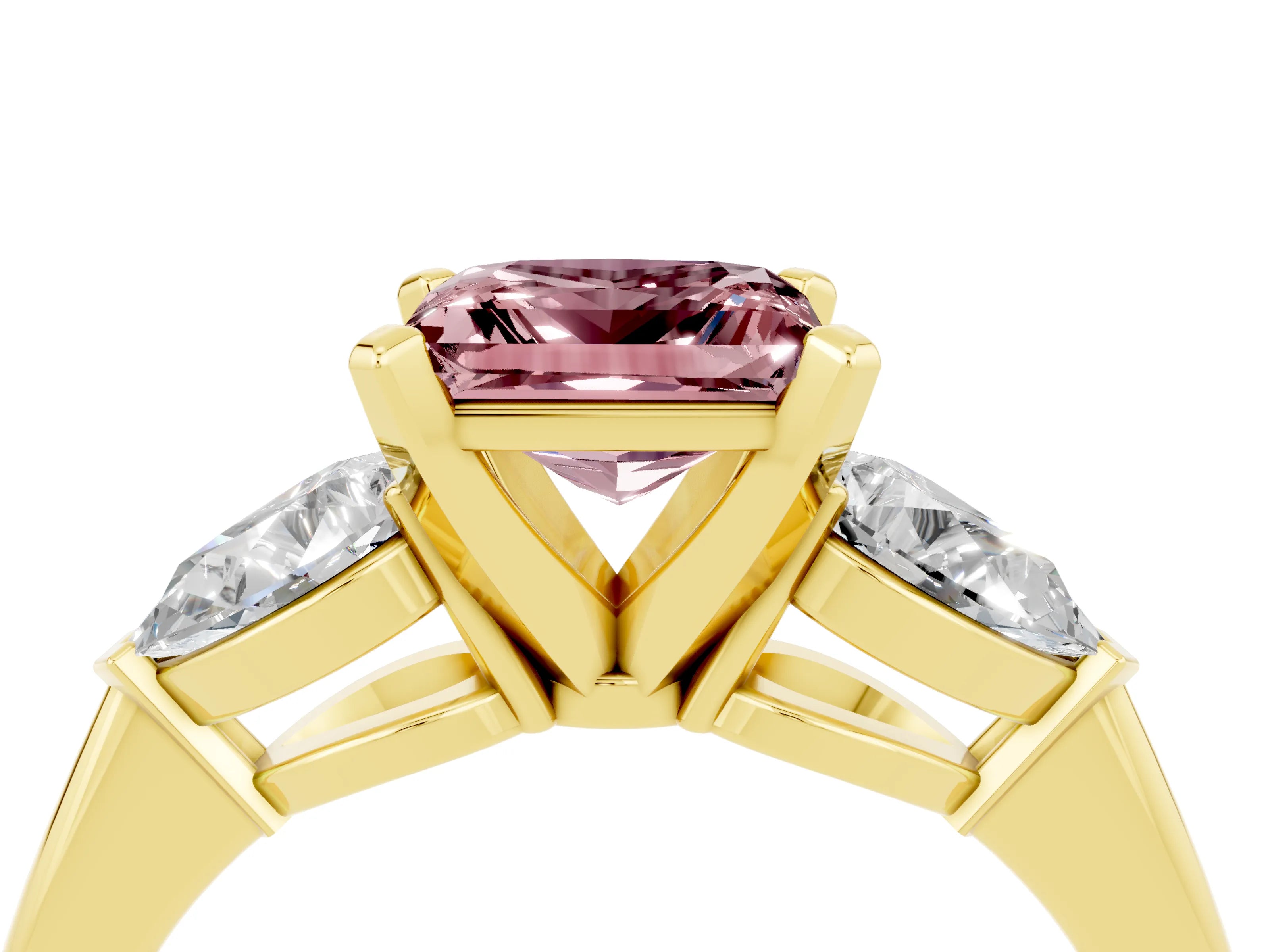 Yellow gold Three-Stone Princess Cut Morganite Ring with Pear Side Stones and Four-Prong Setting_4