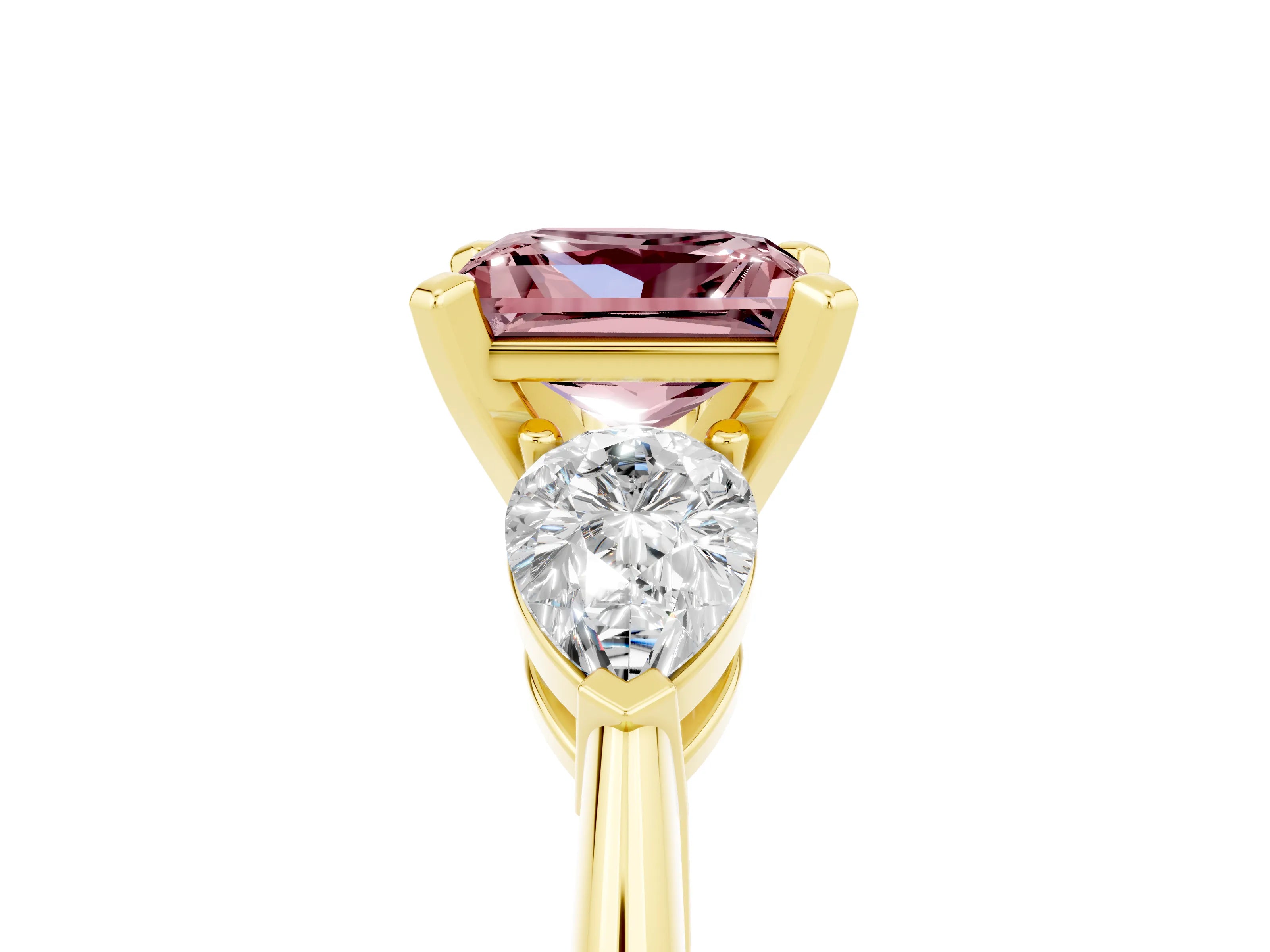 Yellow gold Three-Stone Princess Cut Morganite Ring with Pear Side Stones and Four-Prong Setting_5