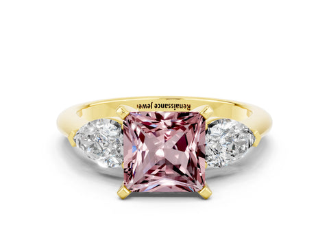 Yellow gold Three-Stone Princess Cut Morganite Ring with Pear Side Stones and Four-Prong Setting