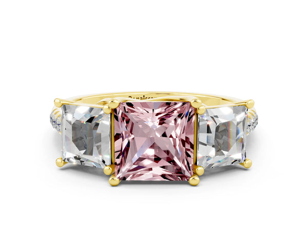 Yellow gold Three-Stone Princess Cut Morganite Ring with Round  Pavé Band and Prong Setting