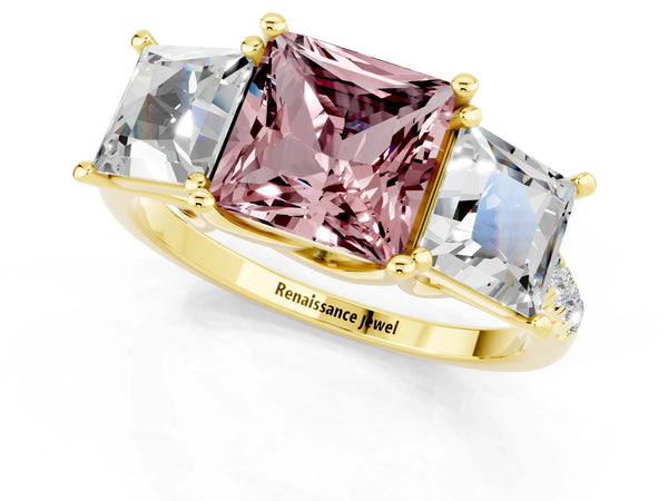 Yellow gold Three-Stone Princess Cut Morganite Ring with Round  Pavé Band and Prong Setting