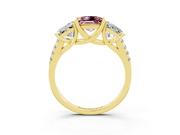 Yellow gold Three-Stone Princess Cut Morganite Ring with Round  Pavé Band and Prong Setting
