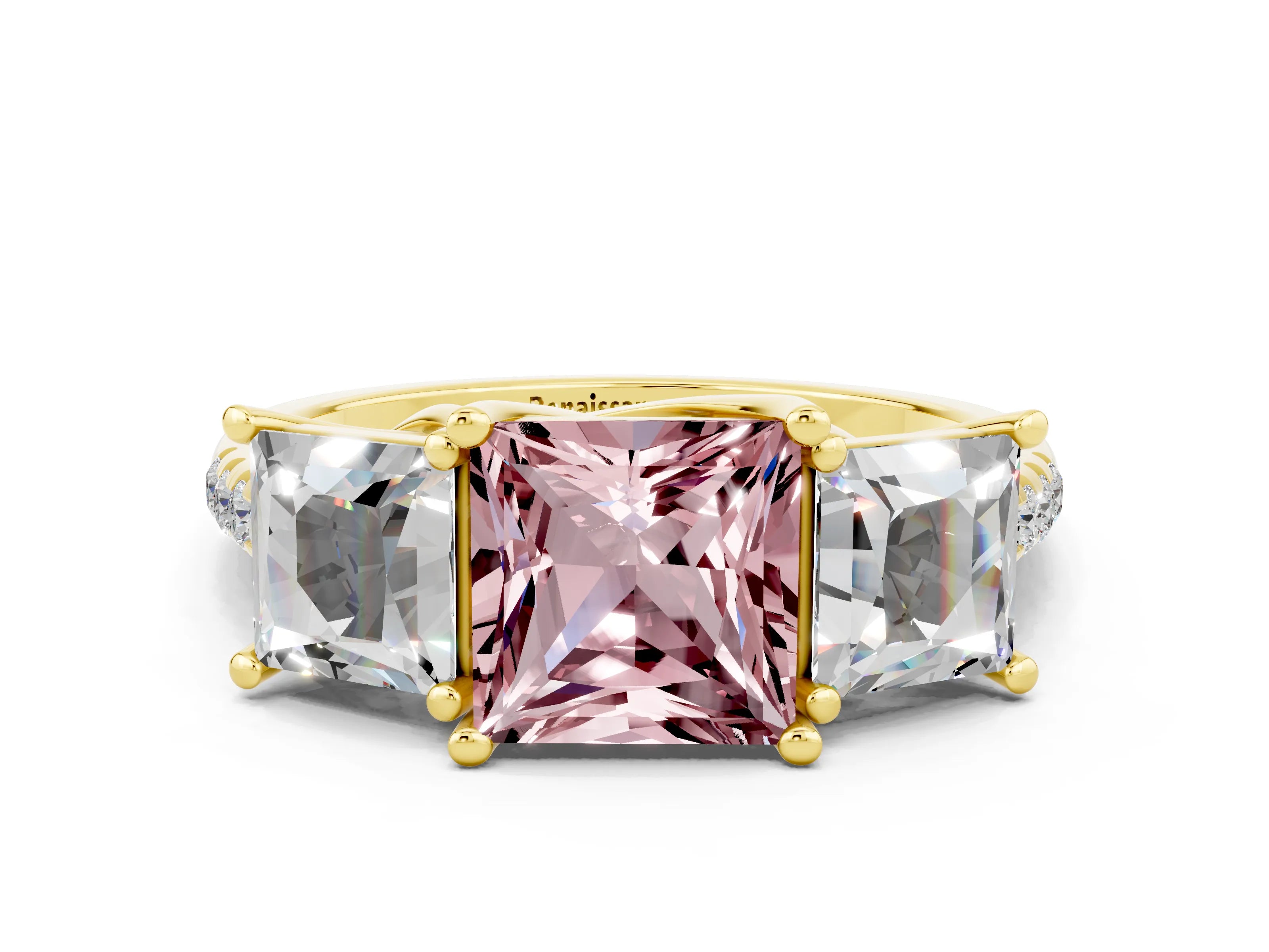 Yellow gold Three-Stone Princess Cut Morganite Ring with Round  Pavé Band and Prong Setting_24