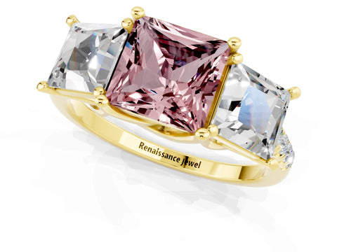 Yellow gold Three-Stone Princess Cut Morganite Ring with Round  Pavé Band and Prong Setting_25