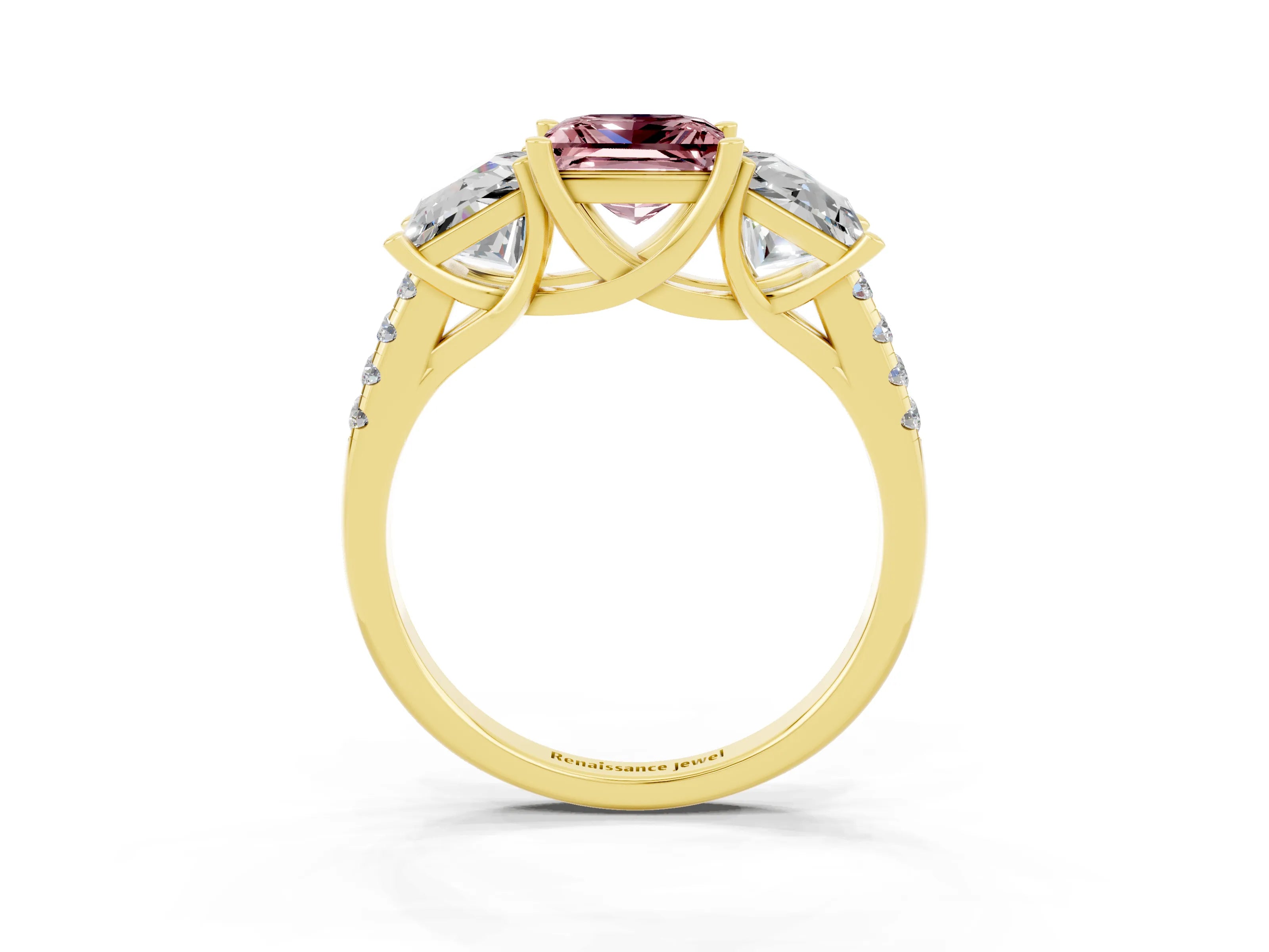 Yellow gold Three-Stone Princess Cut Morganite Ring with Round  Pavé Band and Prong Setting_27