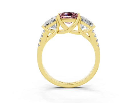 Yellow gold Three-Stone Princess Cut Morganite Ring with Round  Pavé Band and Prong Setting_27