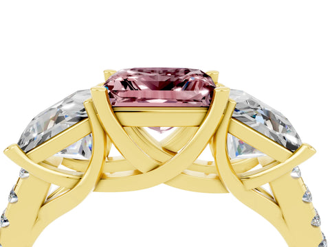 Yellow gold Three-Stone Princess Cut Morganite Ring with Round  Pavé Band and Prong Setting_28