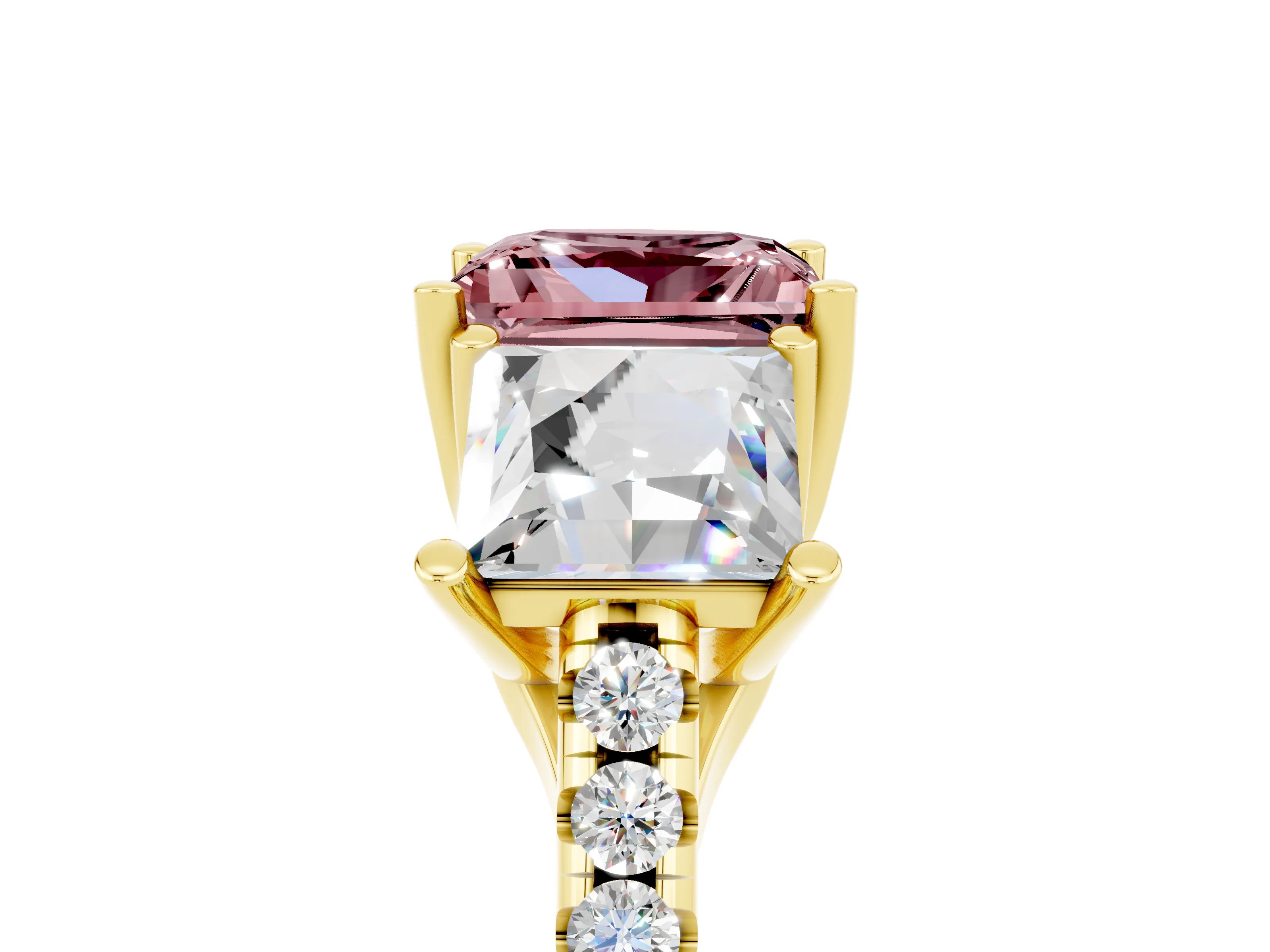Yellow gold Three-Stone Princess Cut Morganite Ring with Round  Pavé Band and Prong Setting_29