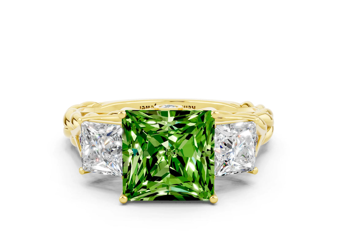 Yellow gold Three-Stone Princess Cut Peridot Braided Band Ring with Four-Prong Setting_12