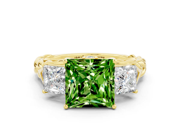 Yellow gold Three-Stone Princess Cut Peridot Braided Band Ring with Four-Prong Setting