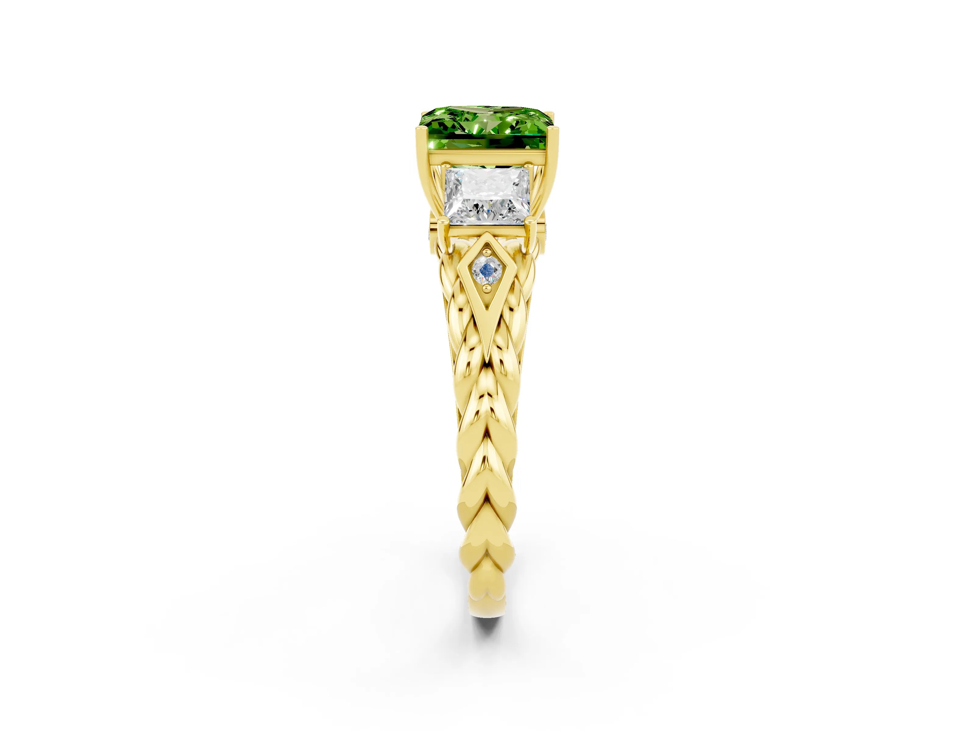 Yellow gold Three-Stone Princess Cut Peridot Braided Band Ring with Four-Prong Setting_14