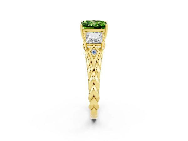 Yellow gold Three-Stone Princess Cut Peridot Braided Band Ring with Four-Prong Setting