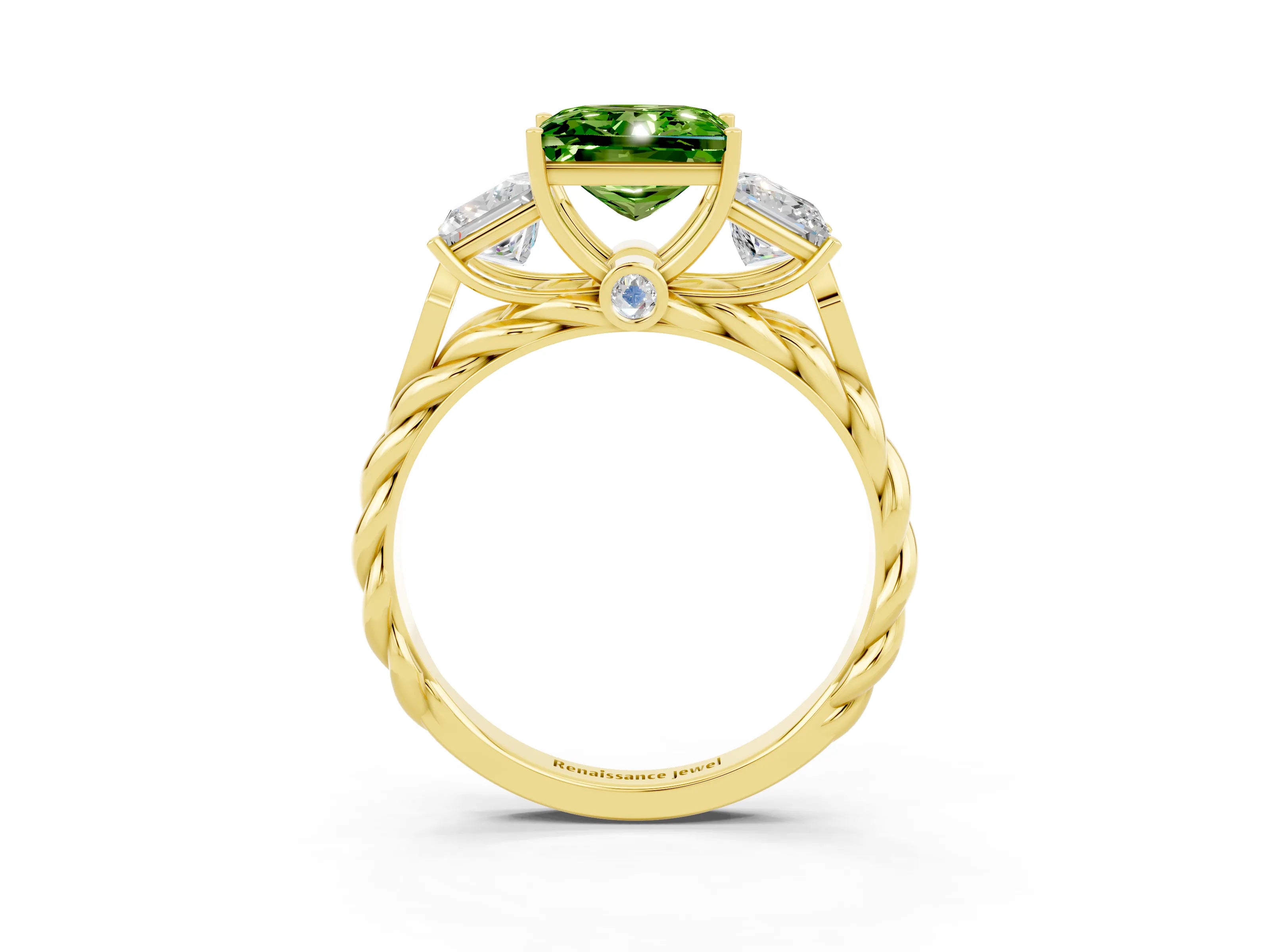 Yellow gold Three-Stone Princess Cut Peridot Braided Band Ring with Four-Prong Setting_15