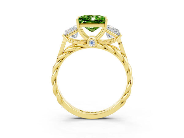 Yellow gold Three-Stone Princess Cut Peridot Braided Band Ring with Four-Prong Setting