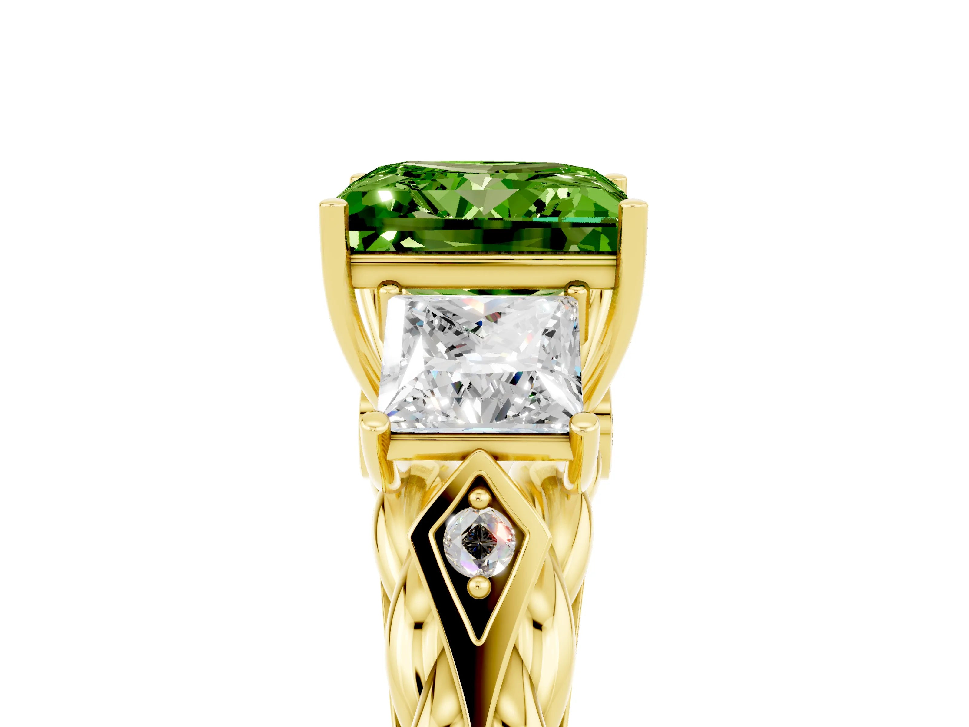 Yellow gold Three-Stone Princess Cut Peridot Braided Band Ring with Four-Prong Setting_17