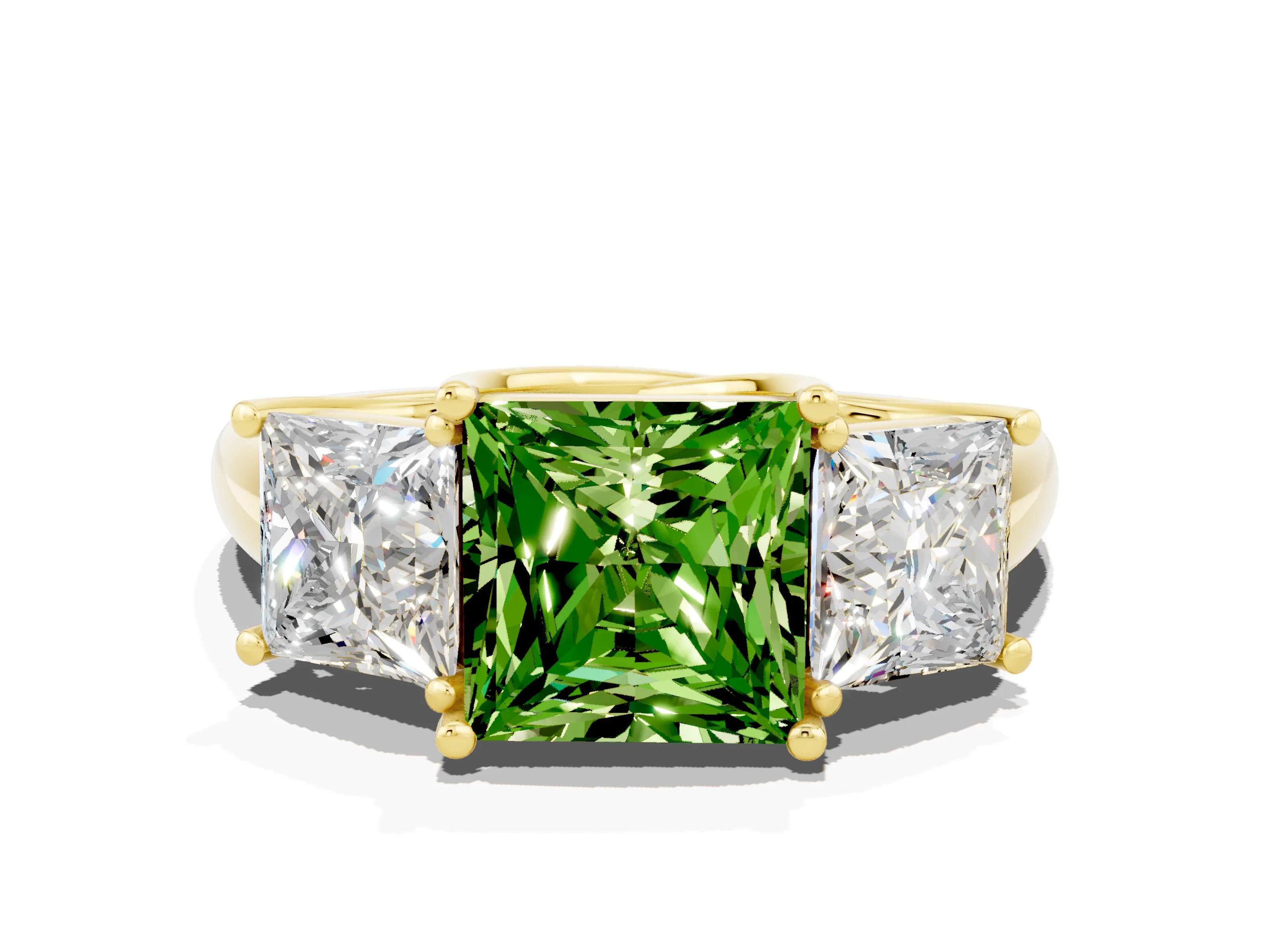 Yellow gold Three-Stone Princess Cut Peridot Engagement Ring with Prong Setting
