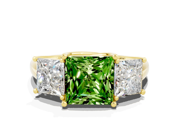 Yellow gold Three-Stone Princess Cut Peridot Engagement Ring with Prong Setting