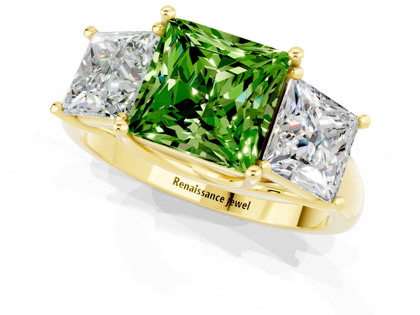 Yellow gold Three-Stone Princess Cut Peridot Engagement Ring with Prong Setting