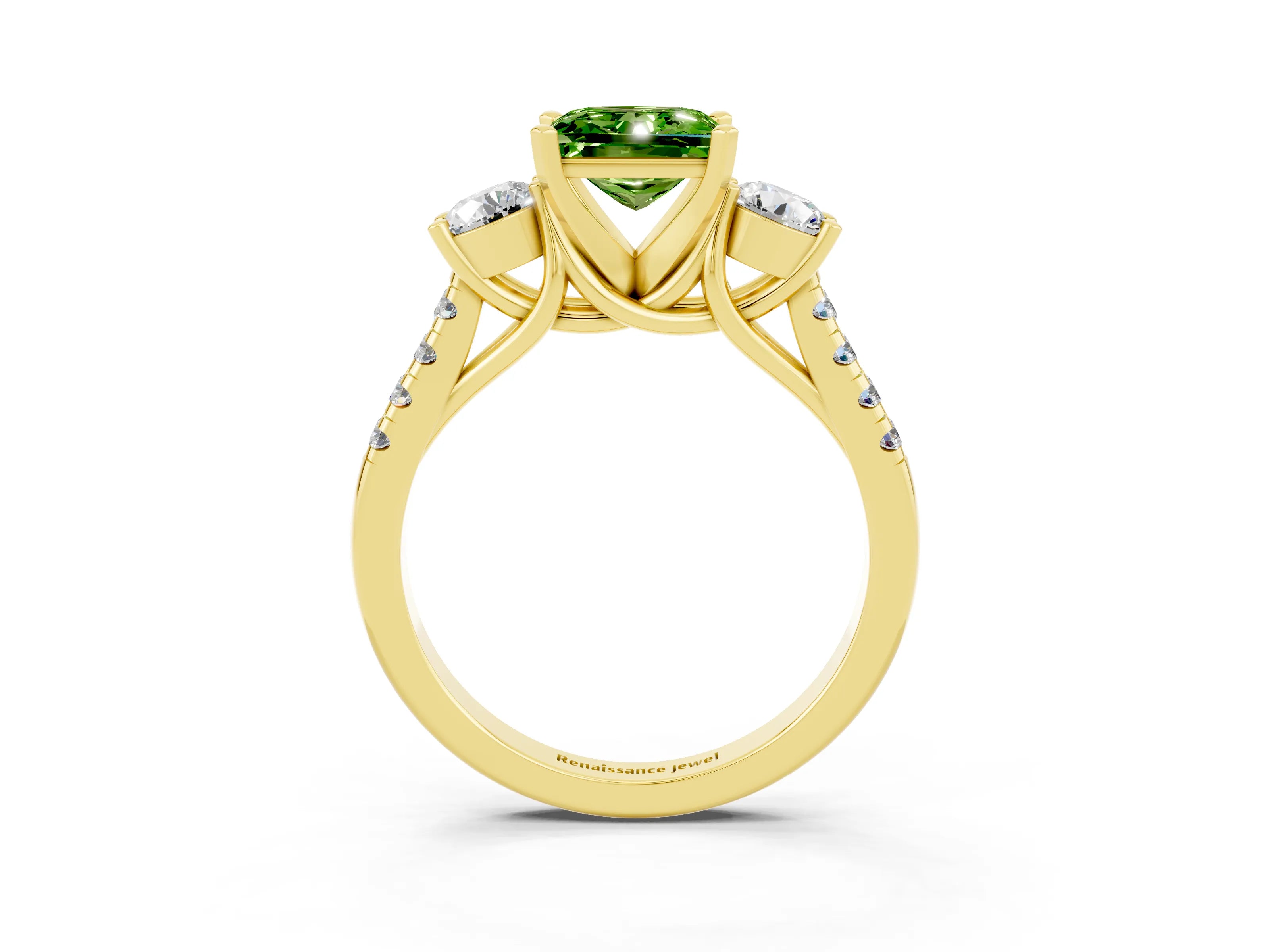 Yellow gold Three-Stone Princess Cut Peridot Pavé Band with Four-Prong Setting_3