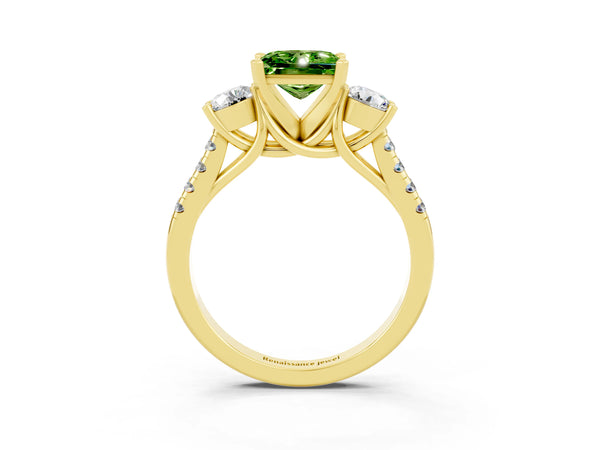 Yellow gold Three-Stone Princess Cut Peridot Pavé Band with Four-Prong Setting
