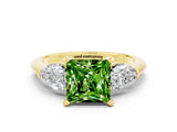 Yellow gold Three-Stone Princess Cut Peridot Ring with Pear Side Stones and Four-Prong Setting