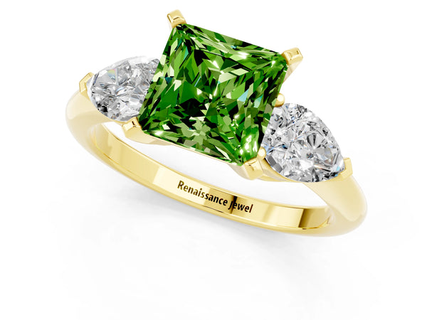 Yellow gold Three-Stone Princess Cut Peridot Ring with Pear Side Stones and Four-Prong Setting